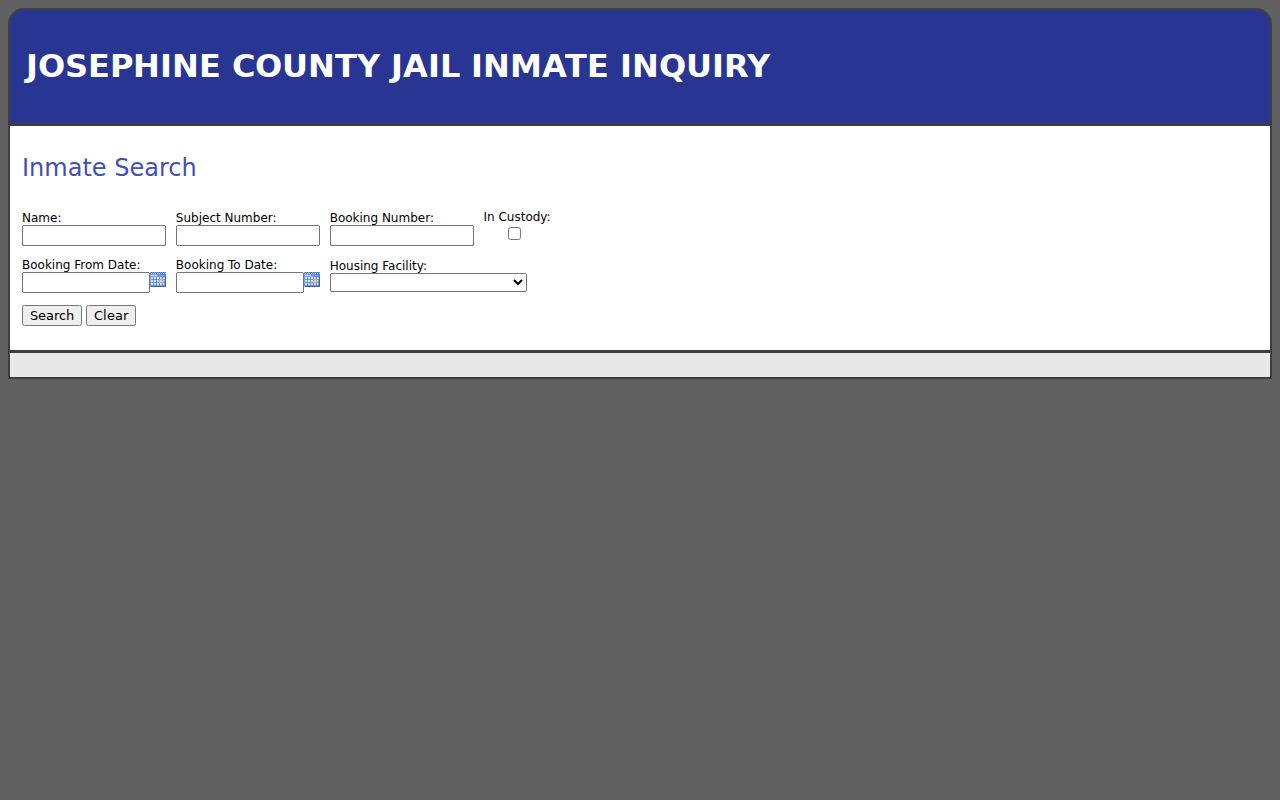 Josephine County Jail Inmate Inquiry booking search screen