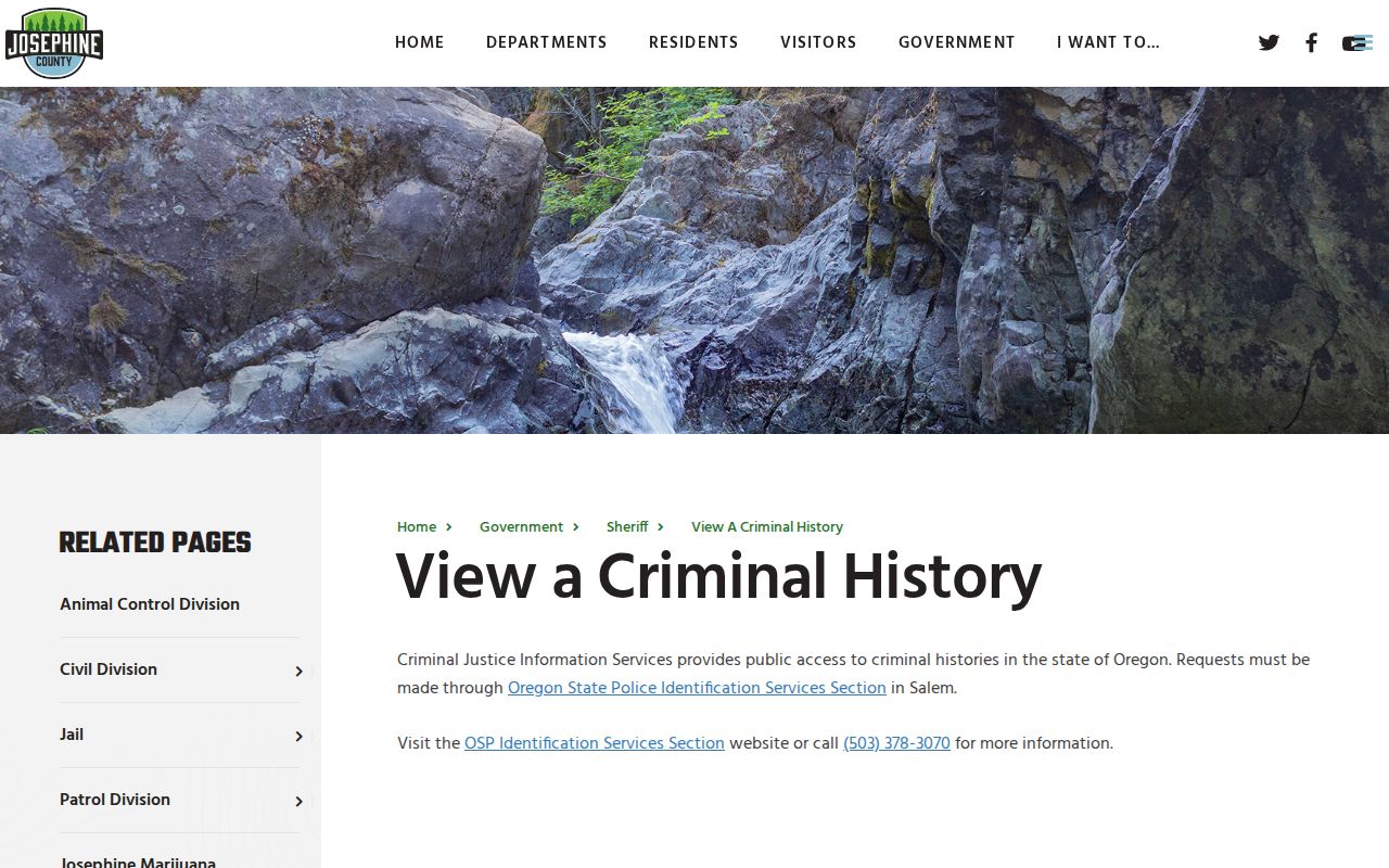 Josephine County Sheriff page routing criminal history requests to Oregon State Police
