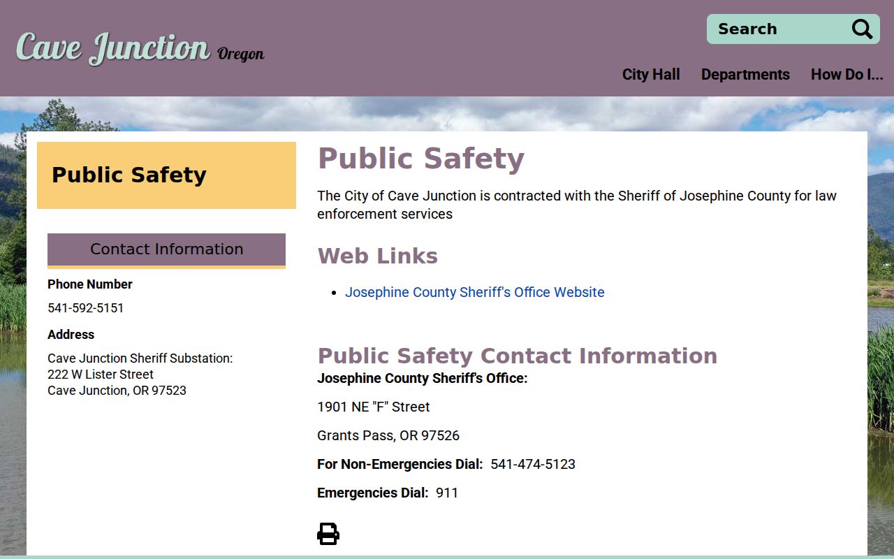 Cave Junction criminal history and contracted Sheriff public safety