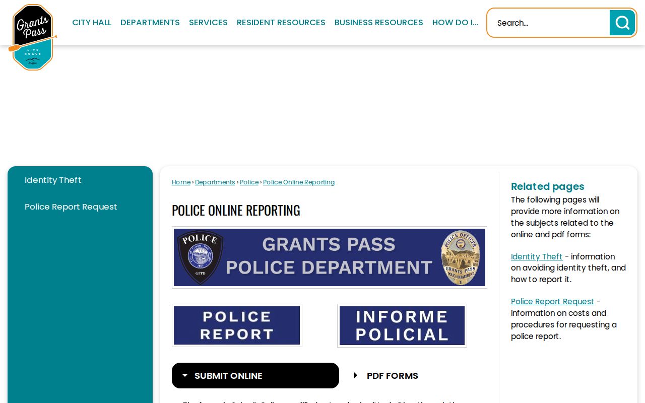 Grants Pass criminal record online reporting categories