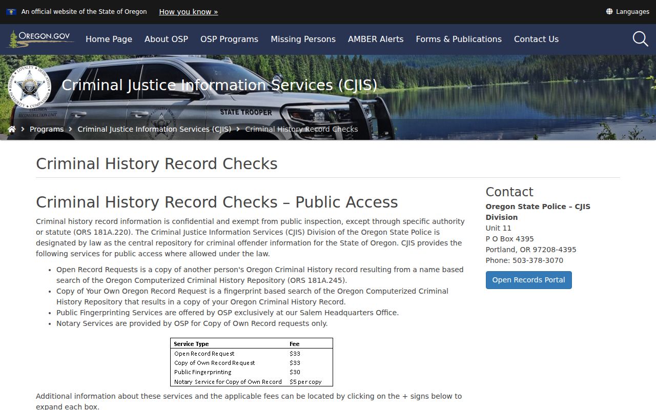 Josephine County criminal history services at Oregon State Police