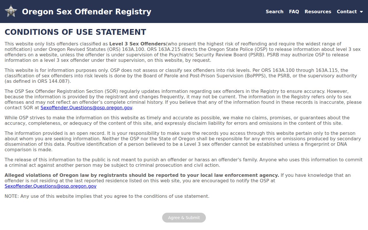Oregon Sex Offender Registry public search interface