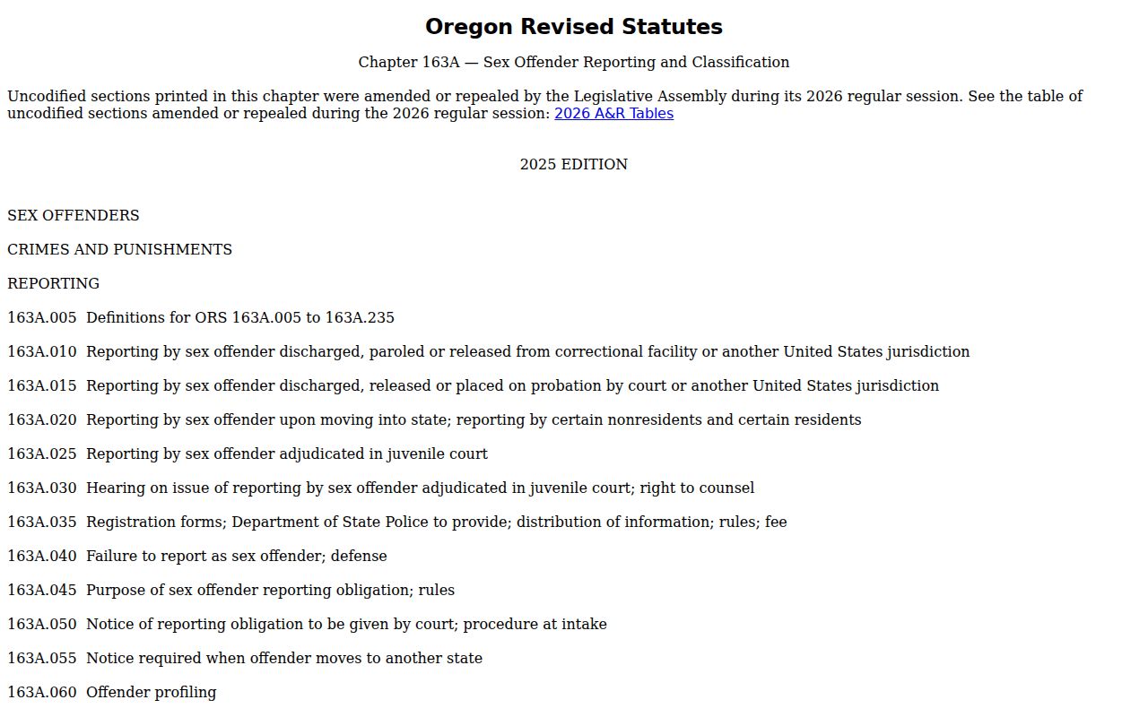 Oregon Revised Statutes Chapter 163A registry classification and notification law